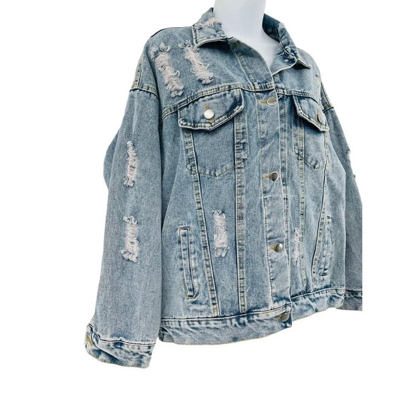 J.NNA Women's Distressed Denim Jean Jacket Small Flower Patch Beads Sequins - Picture 5 of 14